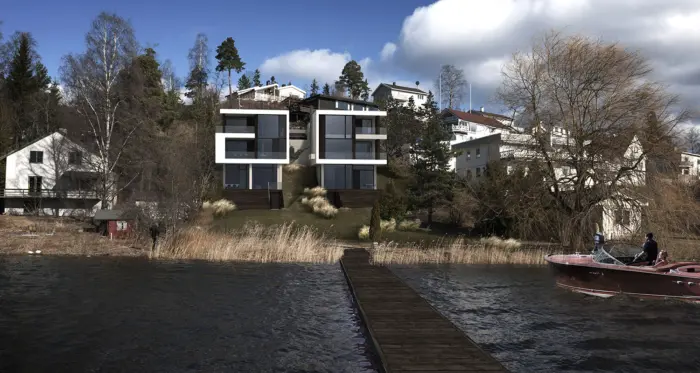 BJV28 — to boliger i hvitt og mørkt tre i skråningen ned mot sjøen, med brygge. Illustrasjon