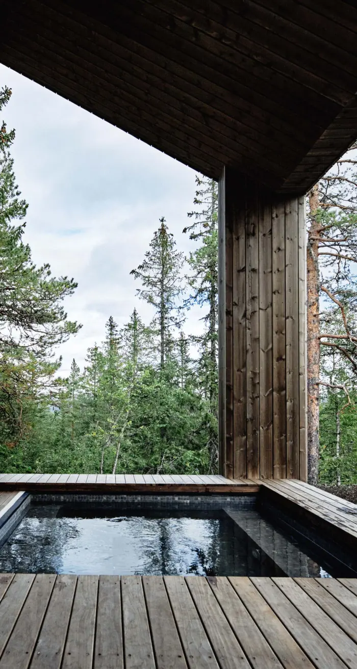 BLE — utendørs basseng under dypt takutstikk, med terrassegulv i tre og utsikt over skogen