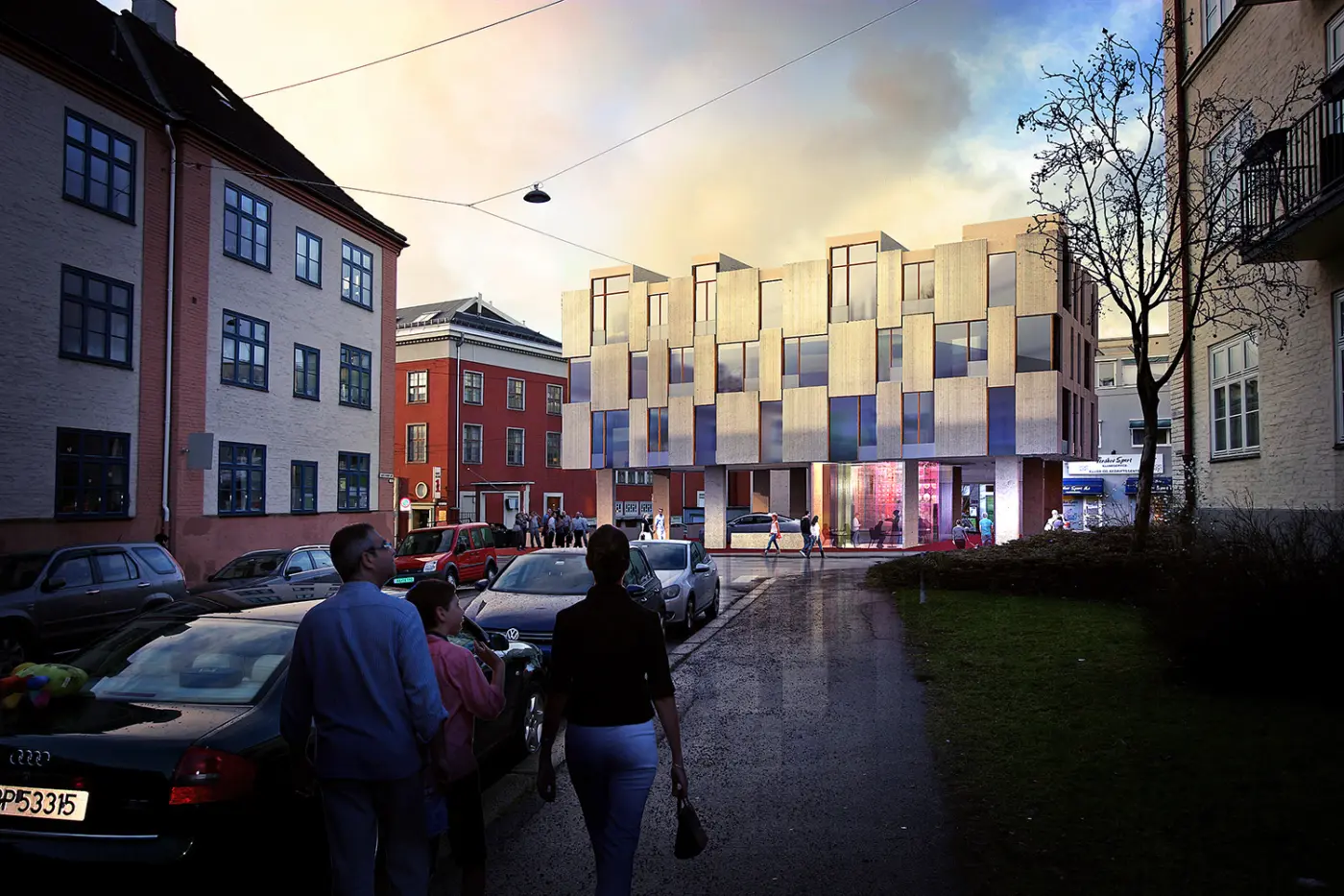 VOG66 — nybygg med framskutte karnapper mellom eldre bygårder, med næringslokaler i gateplan. Illustrasjon