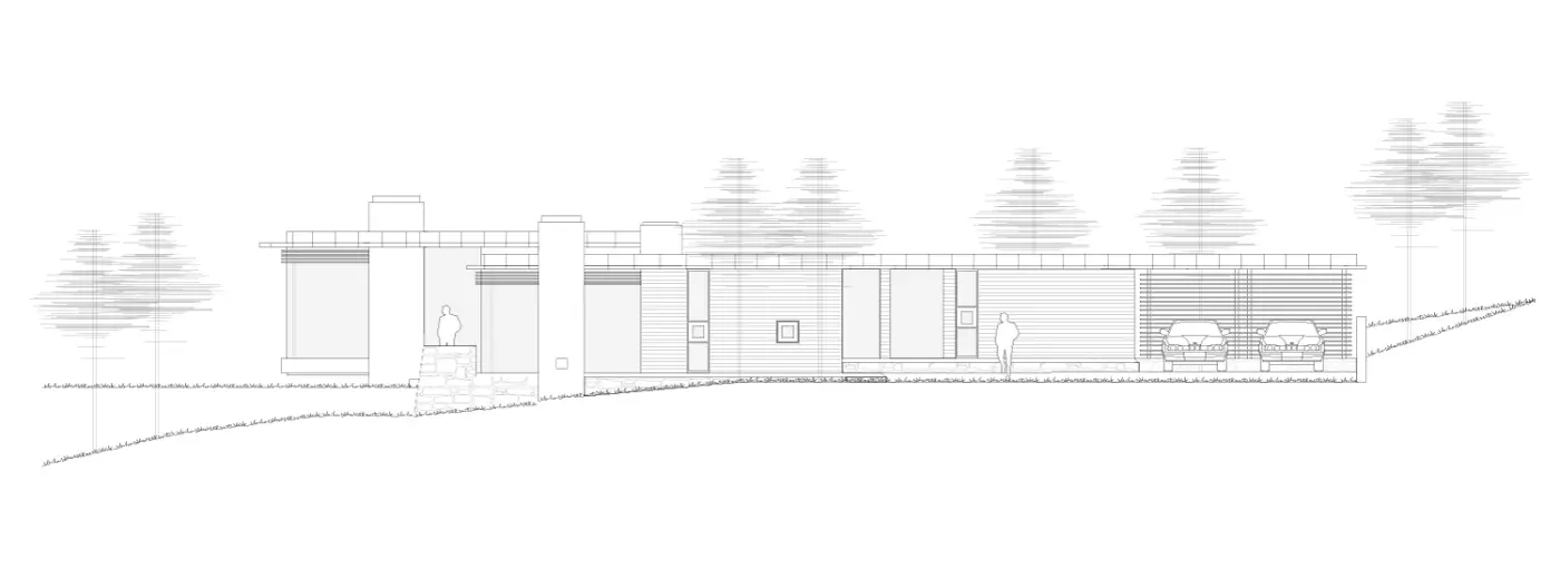 FÅG1 — fasadetegning med natursteinsmur, pipe og carport med to biler