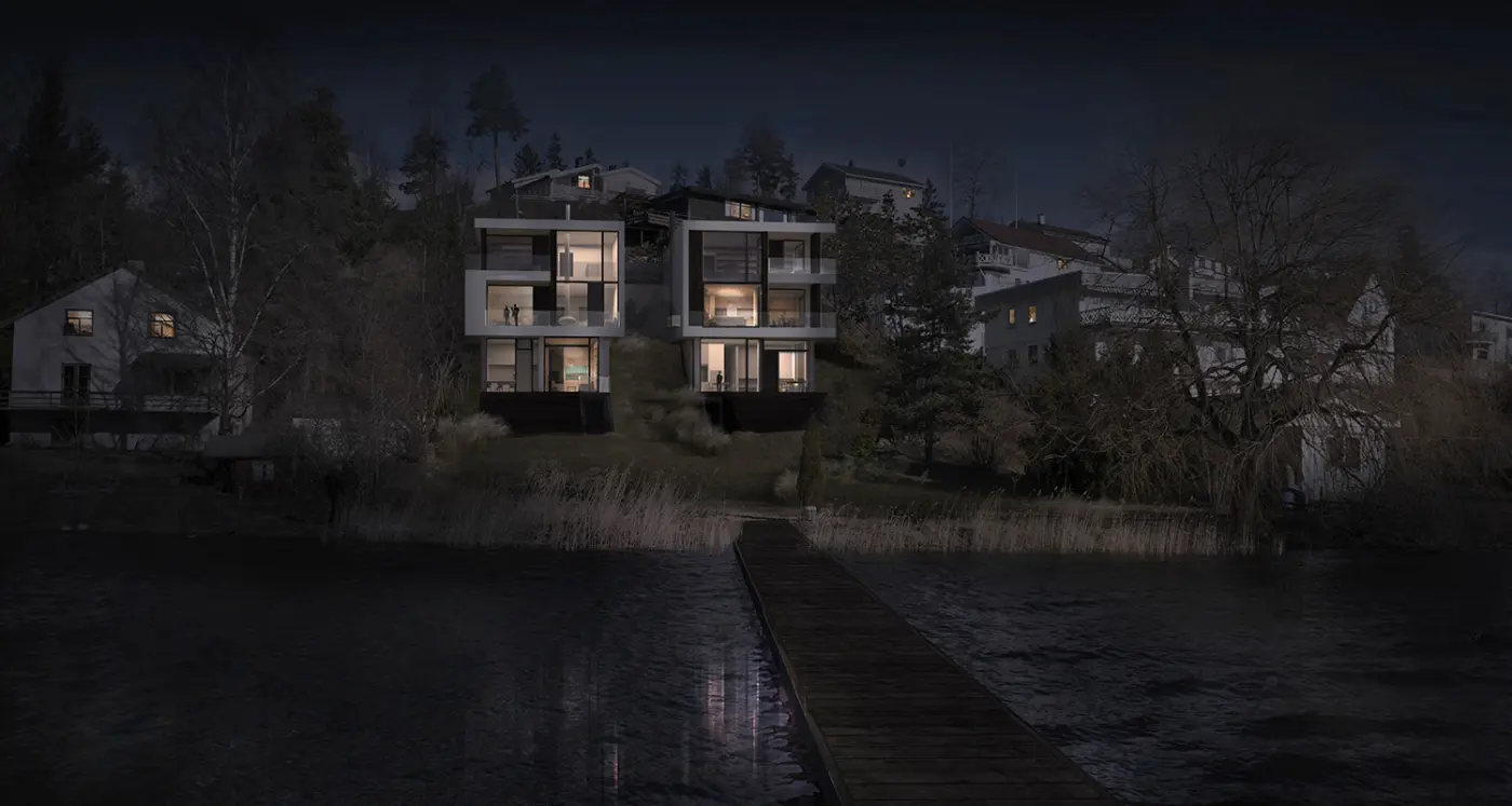 BJV28 — to boliger med opplyste fasader sett fra sjøen om kvelden, med brygge i forgrunnen. Illustrasjon