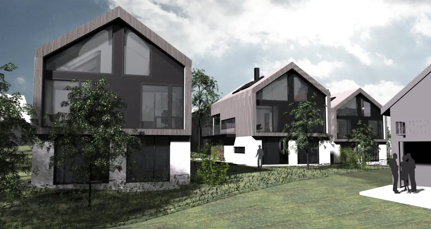 PAR13 — rekke boliger med gavler og store vindusflater over lys base, i grønt gårdsrom. Illustrasjon