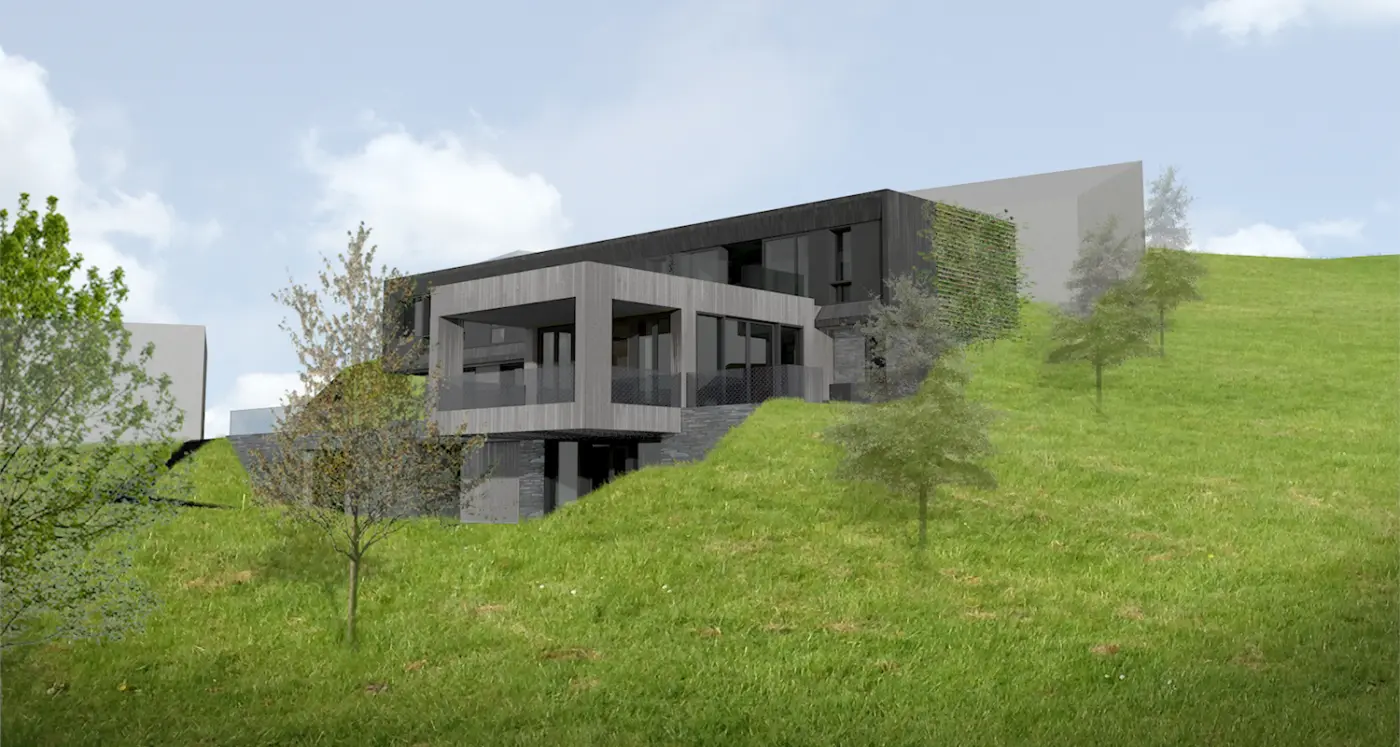 HKV109 — bolig i grå trekledning lagt i bratt skråning, med terrasse og underetasje. Illustrasjon