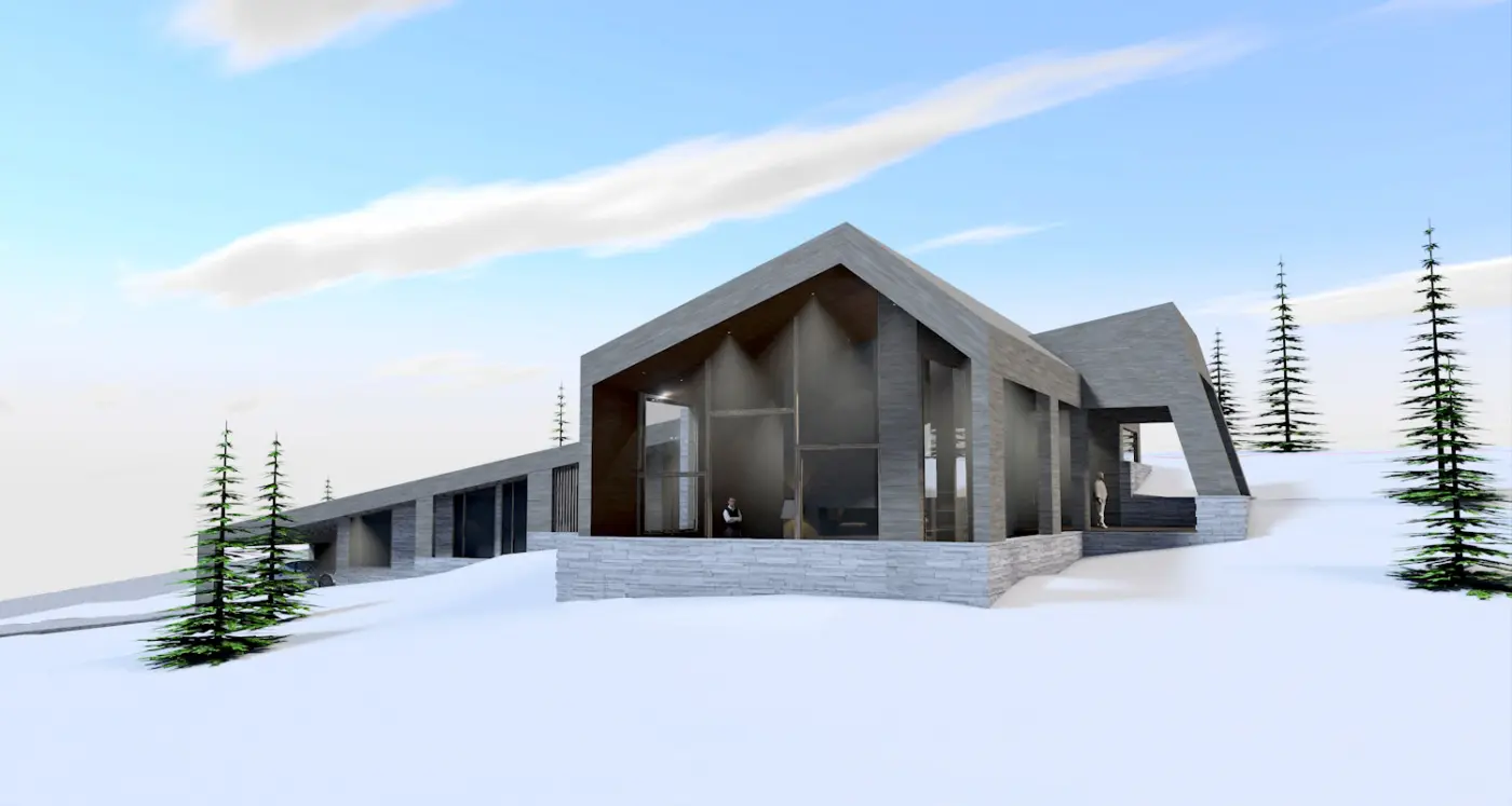 KVF2 — hytte med gavl i grå kledning og stor glassflate, over natursteinsmur i snølandskap. Illustrasjon