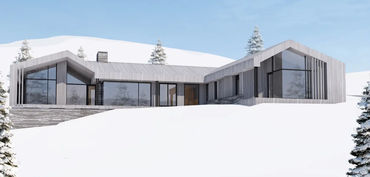 KVT80 — hytte i grå trekledning med lav gavl og store vindusflater, over natursteinsmur i snølandskap. Illustrasjon