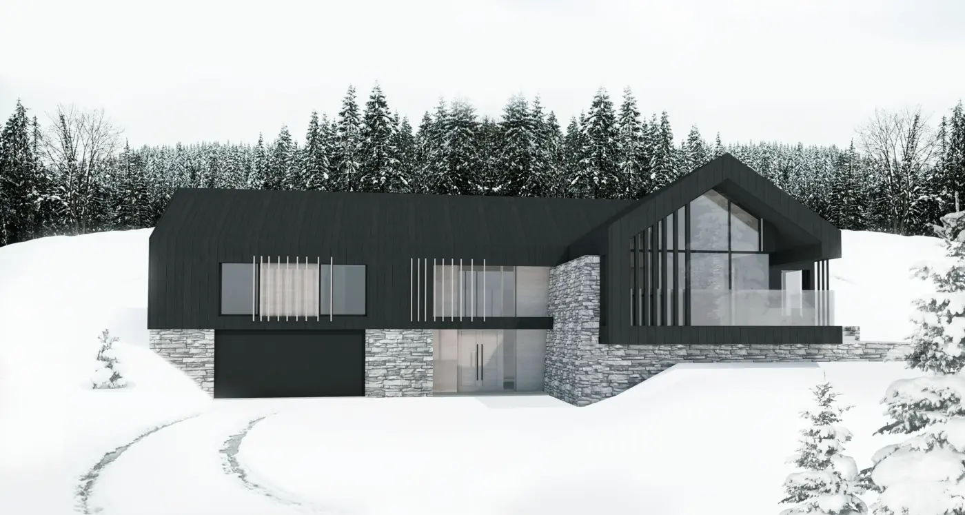 HAF — hytte i svartmalt tre med stort gavlvindu, over base i naturstein, i snødekt granskog. Illustrasjon