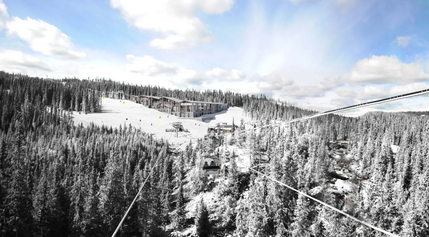 VAR — leilighetsanlegg langs alpinbakken oppe i fjellsiden, med gondol i forgrunnen. Illustrasjon