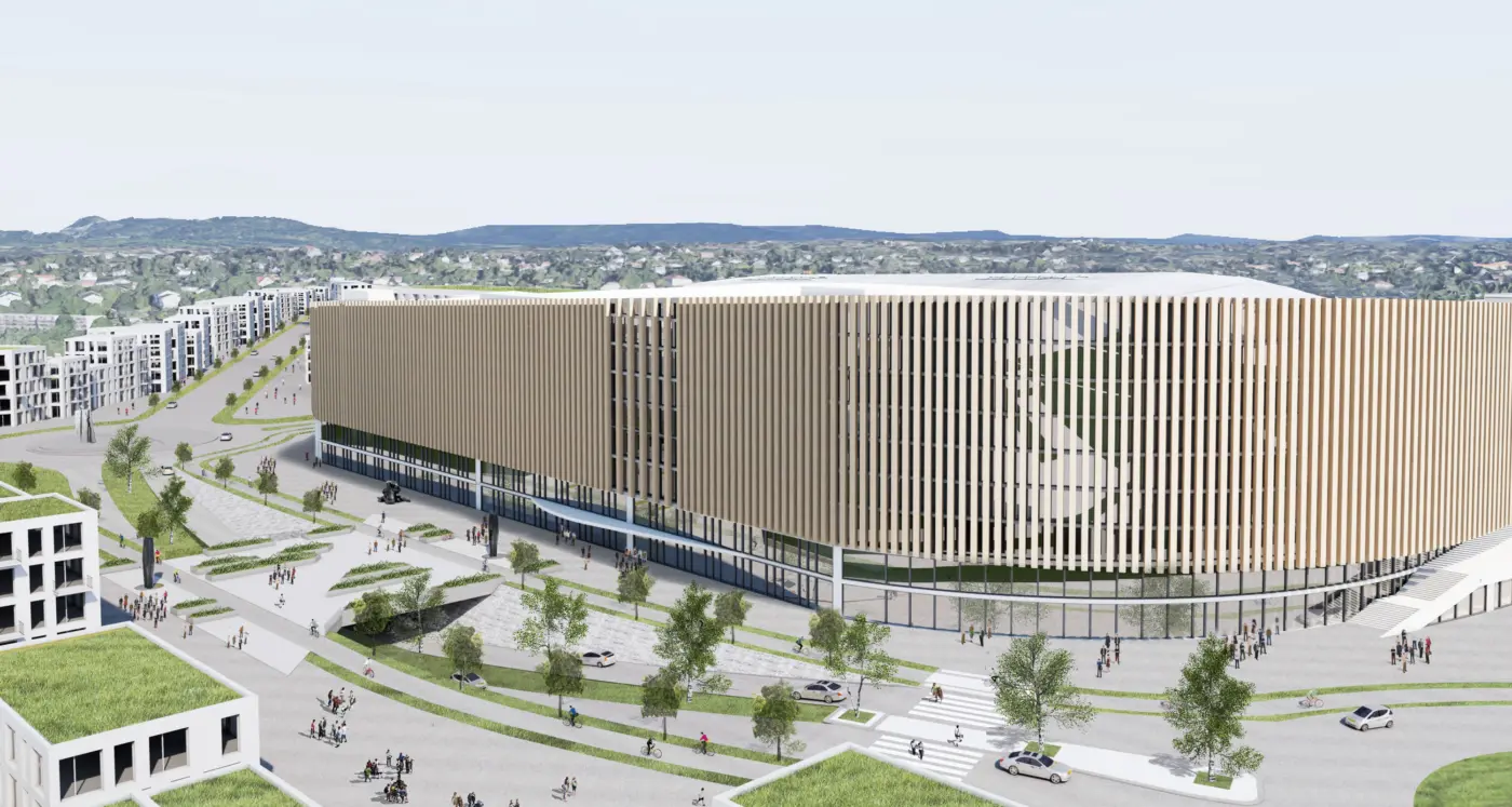 FBU — stort næringsbygg med buet fasade av vertikale trelameller, med torg og gangarealer foran. Illustrasjon