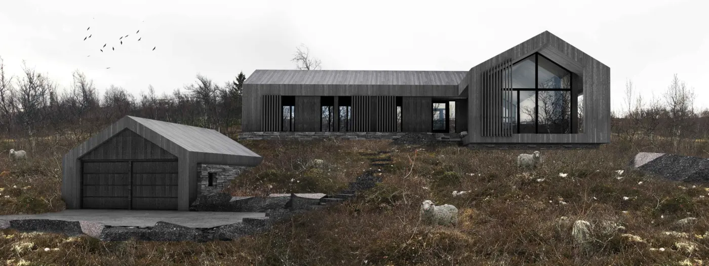 UVD1 — hytte i mørk trekledning med gavlvindu og spilefelt, med frittliggende garasje, på snaufjell med sau. Illustrasjon
