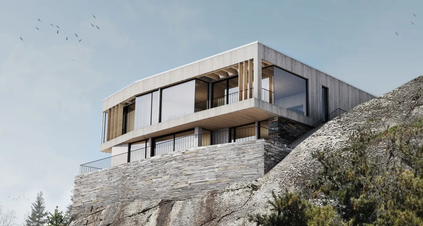 NAR — bolig i lys trekledning med avrundede hjørner, utkraget over natursteinsmur på svaberg. Illustrasjon