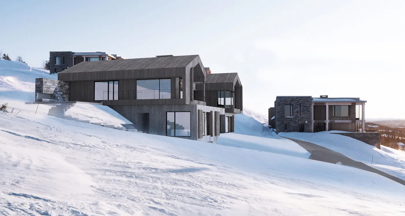 NOR180 — hytter i grå trekledning som trappes ned den snødekte fjellsiden, med natursteinsmurer. Illustrasjon