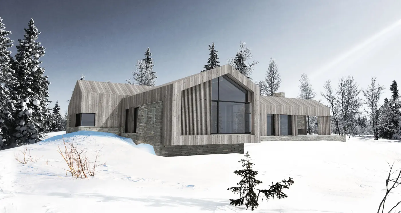 SV38 — hytte i lys grå trekledning med gavlvindu og spilefelt, over natursteinsmur i snødekt granskog. Illustrasjon
