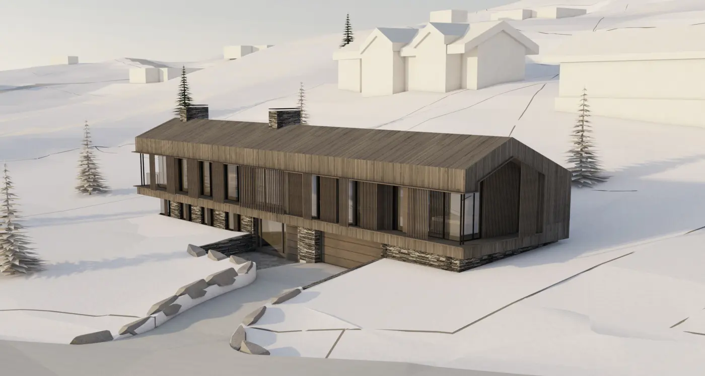 SV404 — lang hytte i to etasjer med brun trekledning og spilefelt, over natursteinsmur med garasje, sett ovenfra. Illustrasjon