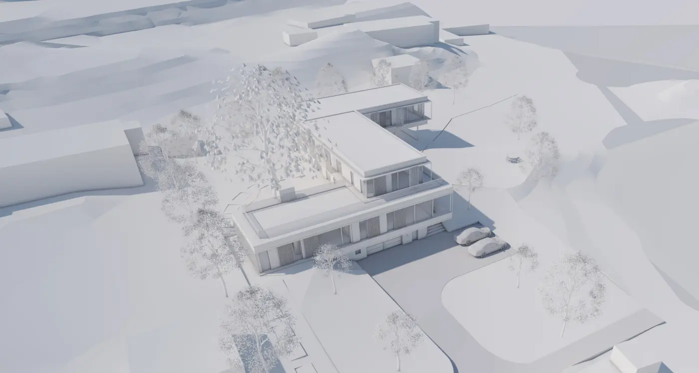 BJØ8 — volumstudie sett ovenfra, med to boligvolumer, terrasser og parkering. Illustrasjon
