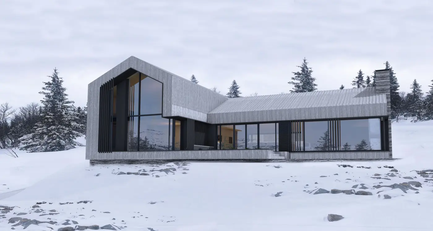 HAG — hytte i grå trekledning med asymmetrisk saltak og store vindusflater, på snødekt fjellvidde. Illustrasjon