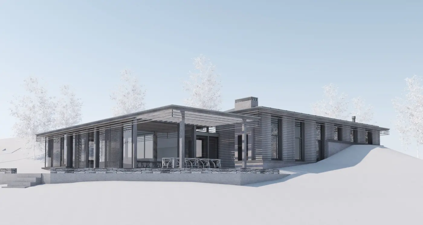 LYS — enetasjes hytte med flatt tak og dyp pergola på trestolper, over natursteinsmur i snølandskap. Illustrasjon