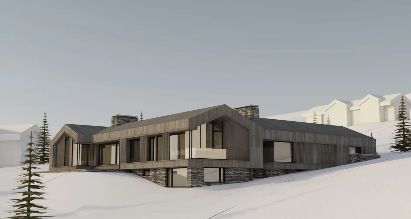 SV43 — hytte med flere gavler i grå trekledning og natursteinspiper, over skifermur i snøskråning. Illustrasjon