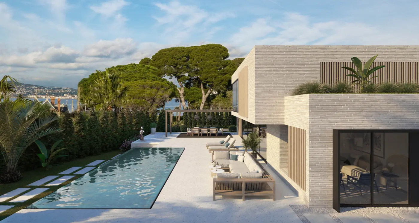 ANT1 — villa i lys teglstein med langbasseng og terrasse, med utsikt over Middelhavet. Illustrasjon
