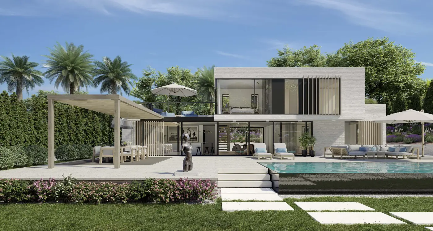 ANT1 — villa i lys tegl med basseng, pergola og palmehage. Illustrasjon