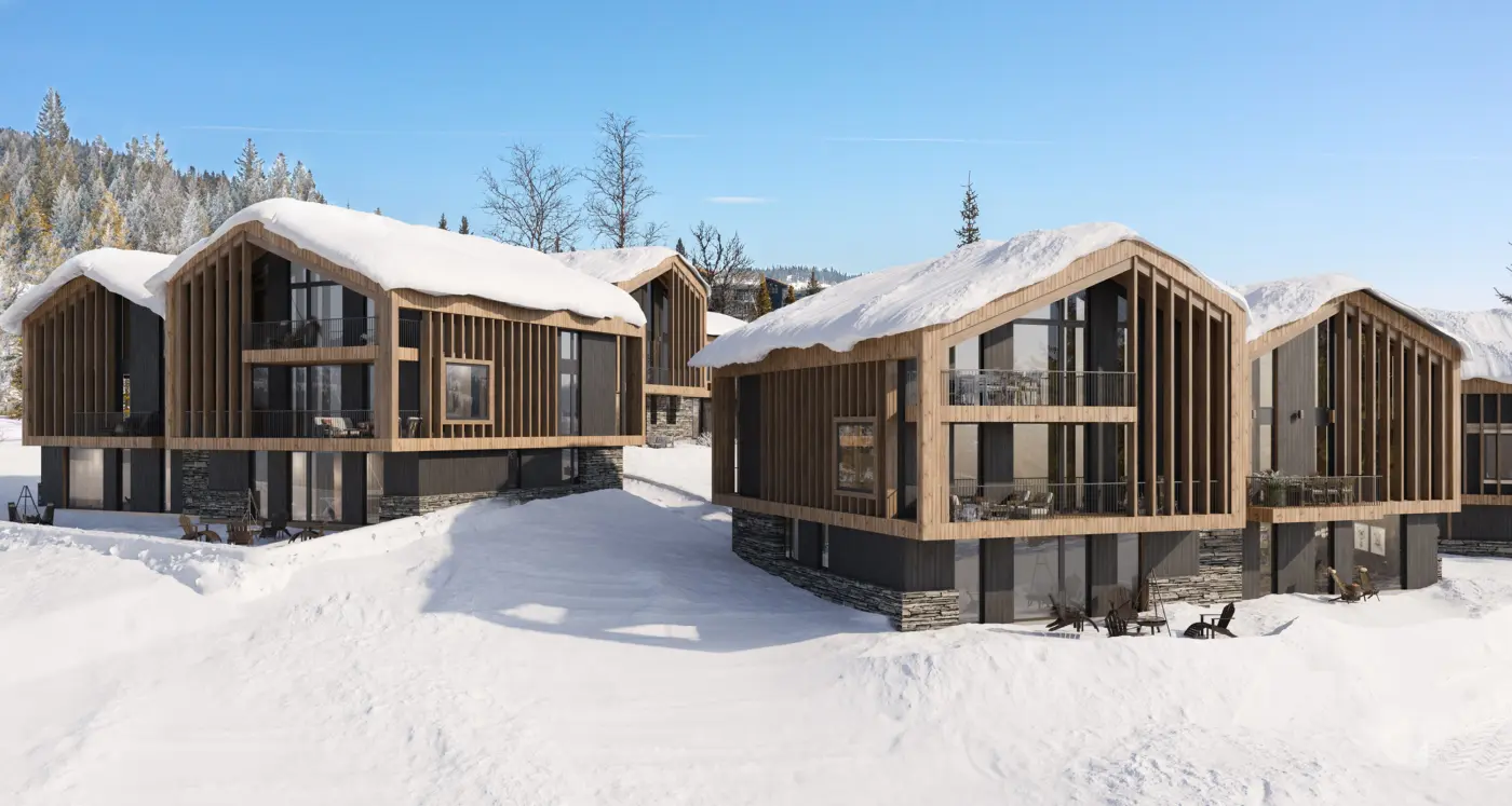 ORIGO — rekke leilighetsbygg med gavler i lys trekledning over mørk base, med terrasser i snølandskap. Illustrasjon