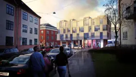 VOG66 — nybygg med framskutte karnapper mellom eldre bygårder, med næringslokaler i gateplan. Illustrasjon