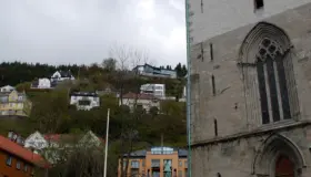 BRA14 — boligen i åssiden sett fra sentrum, med Bergen domkirke i forgrunnen