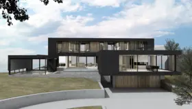 VEN — stor bolig i svart trekledning med spilefelt og basseng, over natursteinsmur med utsikt mot sjøen. Illustrasjon