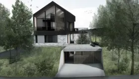 KKV2 — bolig i mørk kledning med gavl og spilefelt, over natursteinsmur og garasje i skrånende tomt. Illustrasjon