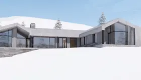 KVT80 — hytte i grå trekledning med lav gavl og store vindusflater, over natursteinsmur i snølandskap. Illustrasjon