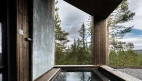 BLE — utendørs basseng i skjermet uteplass av mørkbeiset tre, med utsikt over skogen