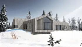 SV38 — hytte i lys grå trekledning med gavlvindu og spilefelt, over natursteinsmur i snødekt granskog. Illustrasjon