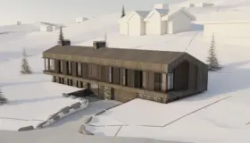 SV404 — lang hytte i to etasjer med brun trekledning og spilefelt, over natursteinsmur med garasje, sett ovenfra. Illustrasjon