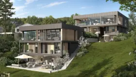 MEV15 — to boliger i skrånende terreng med store glassflater, spilefelt og terrasser mot hagen. Illustrasjon
