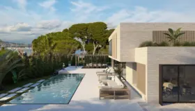 ANT1 — villa i lys teglstein med langbasseng og terrasse, med utsikt over Middelhavet. Illustrasjon