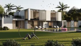 ANT2 — hvit villa i to etasjer med basseng, palmehage og skulptur på plenen. Illustrasjon