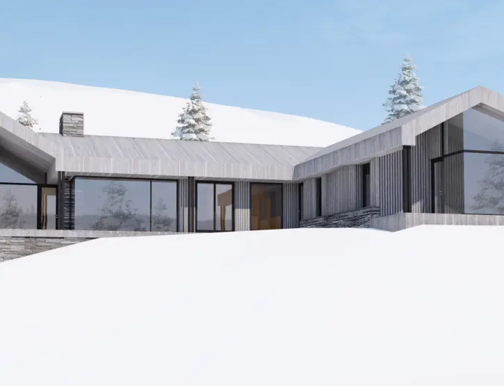 KVT80 — hytte i grå trekledning med lav gavl og store vindusflater, over natursteinsmur i snølandskap. Illustrasjon