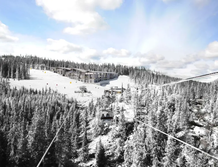 VAR — leilighetsanlegg langs alpinbakken oppe i fjellsiden, med gondol i forgrunnen. Illustrasjon