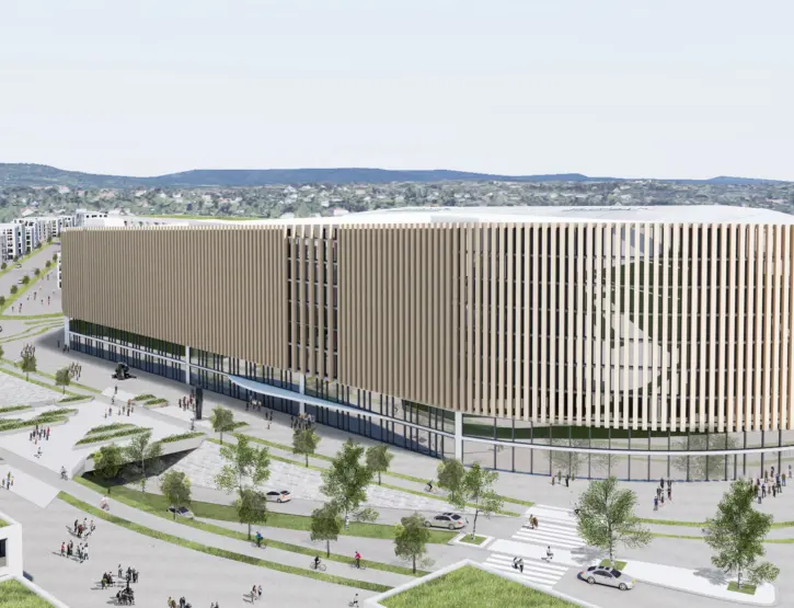 FBU — stort næringsbygg med buet fasade av vertikale trelameller, med torg og gangarealer foran. Illustrasjon