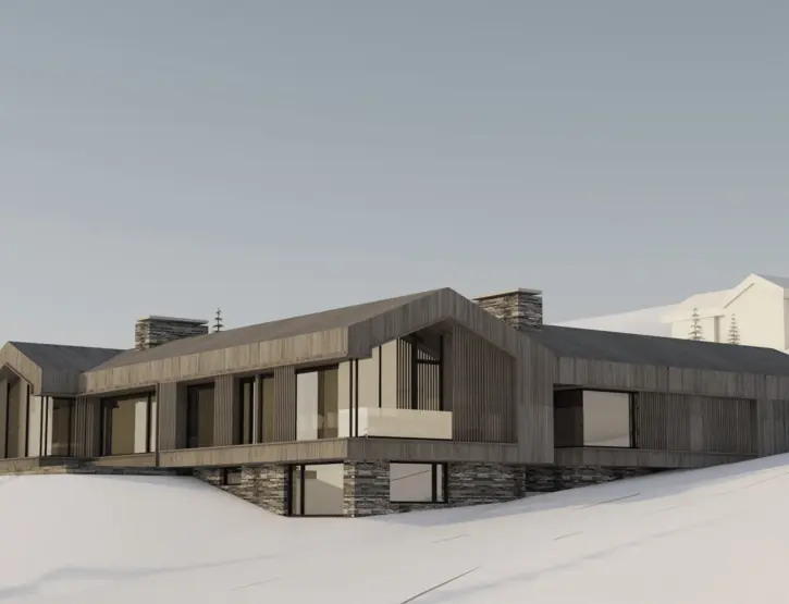 SV43 — hytte med flere gavler i grå trekledning og natursteinspiper, over skifermur i snøskråning. Illustrasjon
