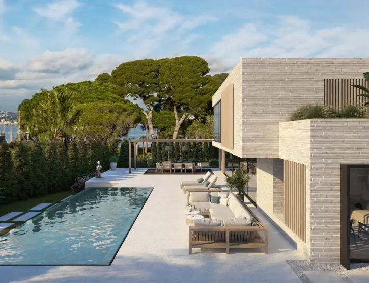 ANT1 — villa i lys teglstein med langbasseng og terrasse, med utsikt over Middelhavet. Illustrasjon