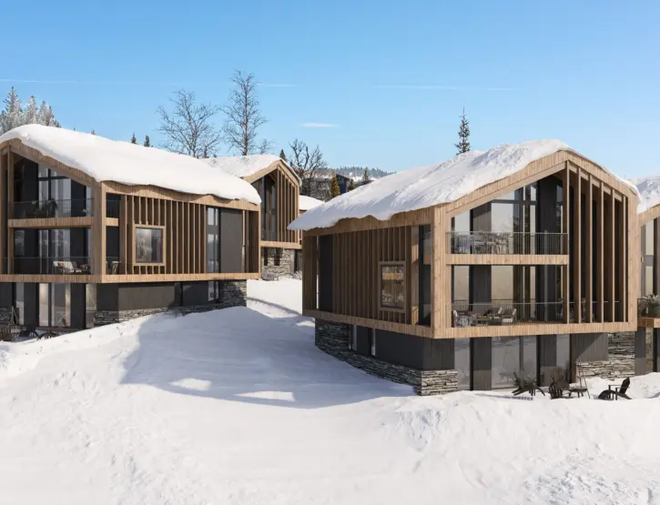 ORIGO — rekke leilighetsbygg med gavler i lys trekledning over mørk base, med terrasser i snølandskap. Illustrasjon