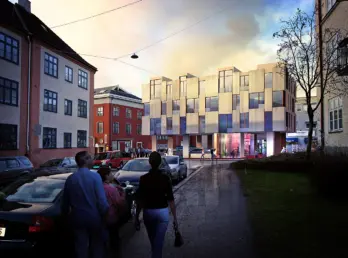 VOG66 — nybygg med framskutte karnapper mellom eldre bygårder, med næringslokaler i gateplan. Illustrasjon