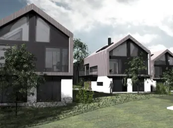 PAR13 — rekke boliger med gavler og store vindusflater over lys base, i grønt gårdsrom. Illustrasjon