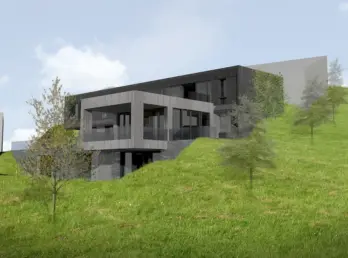 HKV109 — bolig i grå trekledning lagt i bratt skråning, med terrasse og underetasje. Illustrasjon