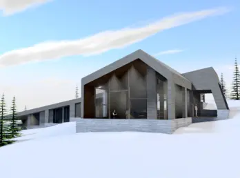 KVF2 — hytte med gavl i grå kledning og stor glassflate, over natursteinsmur i snølandskap. Illustrasjon