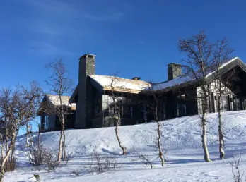 HAV — stor hytte i mørkt tre med torvtak og natursteinspiper, i snødekt bjørkelandskap