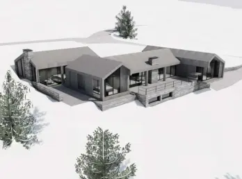 NOR4 — hytte satt sammen av flere gavlvolumer rundt en tunplass, sett ovenfra i snølandskap. Illustrasjon