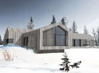 SV38 — hytte i lys grå trekledning med gavlvindu og spilefelt, over natursteinsmur i snødekt granskog. Illustrasjon