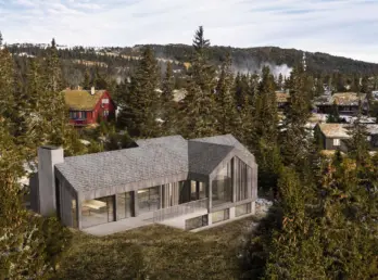 K81 — hytte i grå trekledning med spontak og høyt gavlvindu, sett ovenfra i hyttefelt