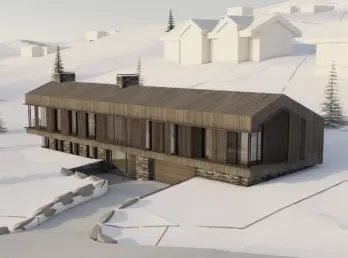 SV404 — lang hytte i to etasjer med brun trekledning og spilefelt, over natursteinsmur med garasje, sett ovenfra. Illustrasjon
